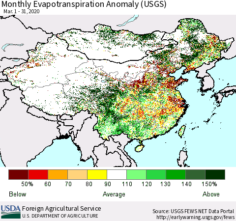China and Taiwan Evapotranspiration Anomaly 1-Month (USGS) Thematic Map For 3/1/2020 - 3/31/2020