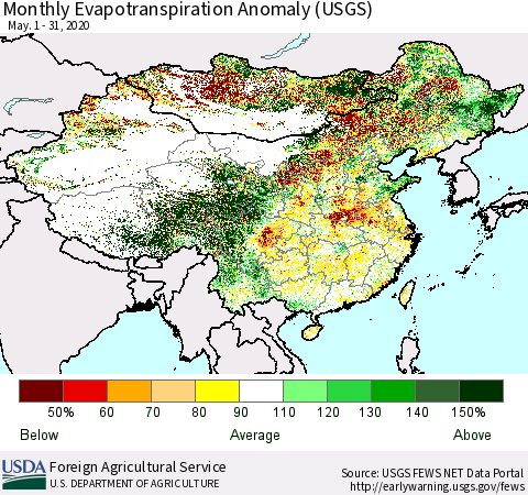China and Taiwan Evapotranspiration Anomaly 1-Month (USGS) Thematic Map For 5/1/2020 - 5/31/2020