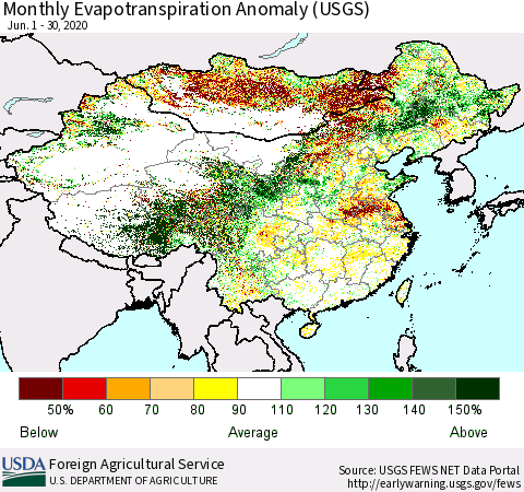 China and Taiwan Evapotranspiration Anomaly 1-Month (USGS) Thematic Map For 6/1/2020 - 6/30/2020