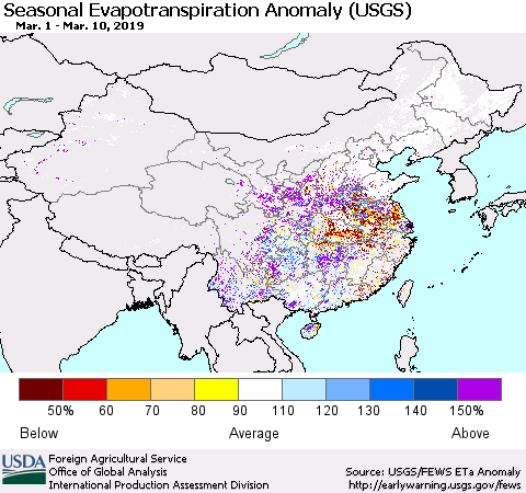 China and Taiwan Seasonal Actual Evapotranspiration Anomaly (USGS) Thematic Map For 3/1/2019 - 3/10/2019