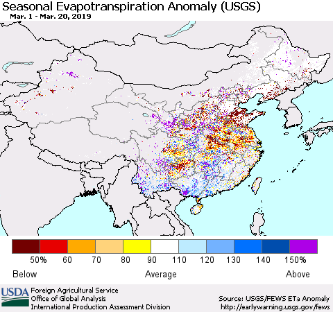 China and Taiwan Seasonal Actual Evapotranspiration Anomaly (USGS) Thematic Map For 3/1/2019 - 3/20/2019