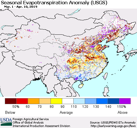 China and Taiwan Seasonal Actual Evapotranspiration Anomaly (USGS) Thematic Map For 3/1/2019 - 4/10/2019