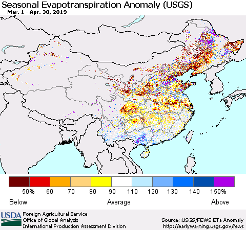 China and Taiwan Seasonal Actual Evapotranspiration Anomaly (USGS) Thematic Map For 3/1/2019 - 4/30/2019