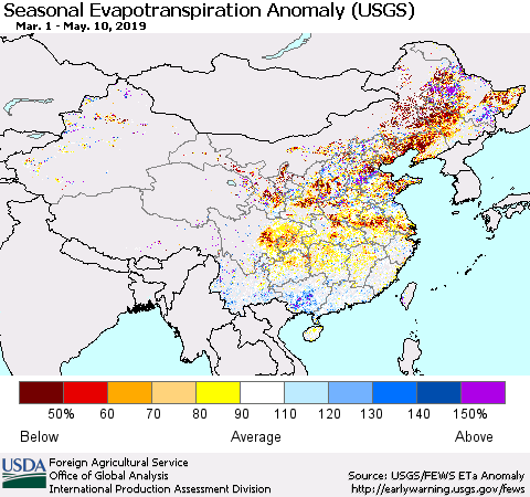 China and Taiwan Seasonal Actual Evapotranspiration Anomaly (USGS) Thematic Map For 3/1/2019 - 5/10/2019