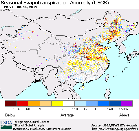China and Taiwan Seasonal Actual Evapotranspiration Anomaly (USGS) Thematic Map For 3/1/2019 - 6/20/2019