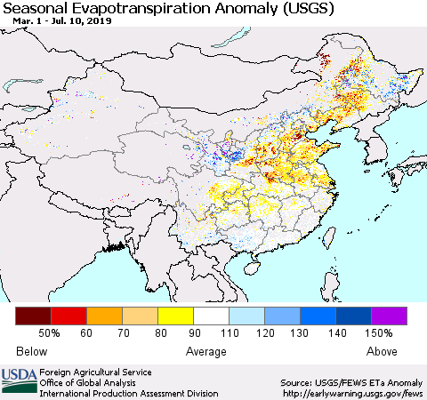 China and Taiwan Seasonal Actual Evapotranspiration Anomaly (USGS) Thematic Map For 3/1/2019 - 7/10/2019