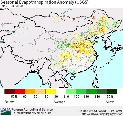 China and Taiwan Seasonal Actual Evapotranspiration Anomaly (USGS) Thematic Map For 3/1/2019 - 7/20/2019