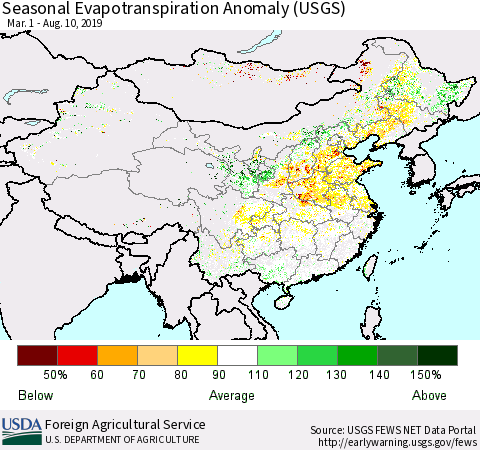 China and Taiwan Seasonal Actual Evapotranspiration Anomaly (USGS) Thematic Map For 3/1/2019 - 8/10/2019