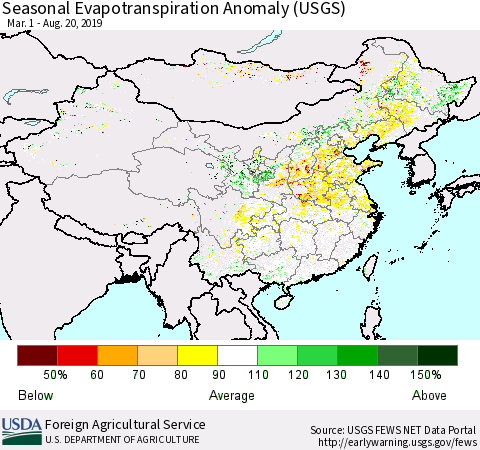China and Taiwan Seasonal Actual Evapotranspiration Anomaly (USGS) Thematic Map For 3/1/2019 - 8/20/2019