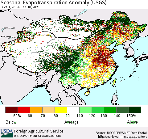 China and Taiwan Seasonal Evapotranspiration Anomaly (USGS) Thematic Map For 9/1/2019 - 1/10/2020