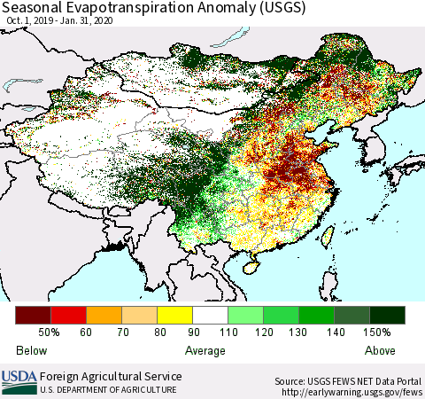 China and Taiwan Seasonal Evapotranspiration Anomaly (USGS) Thematic Map For 9/1/2019 - 1/31/2020