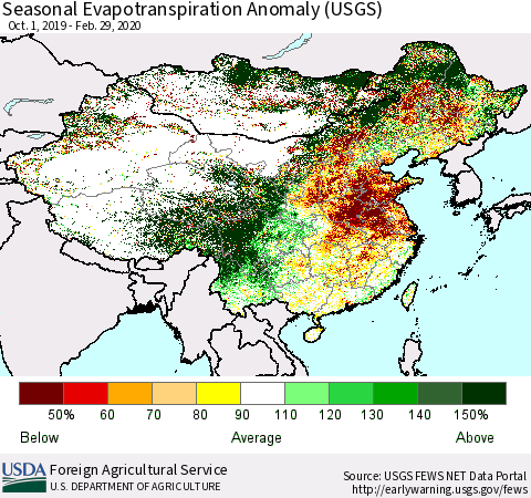 China and Taiwan Seasonal Evapotranspiration Anomaly (USGS) Thematic Map For 9/1/2019 - 2/29/2020