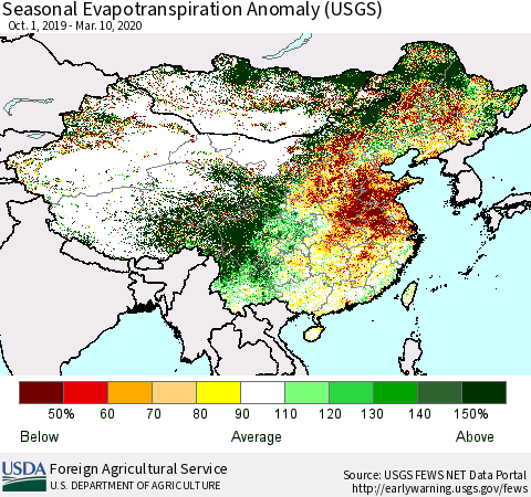 China and Taiwan Seasonal Evapotranspiration Anomaly (USGS) Thematic Map For 9/1/2019 - 3/10/2020