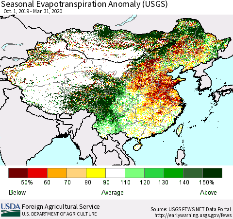 China and Taiwan Seasonal Evapotranspiration Anomaly (USGS) Thematic Map For 9/1/2019 - 3/31/2020
