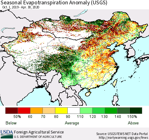 China and Taiwan Seasonal Evapotranspiration Anomaly (USGS) Thematic Map For 9/1/2019 - 4/30/2020
