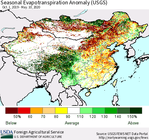 China and Taiwan Seasonal Evapotranspiration Anomaly (USGS) Thematic Map For 9/1/2019 - 5/10/2020