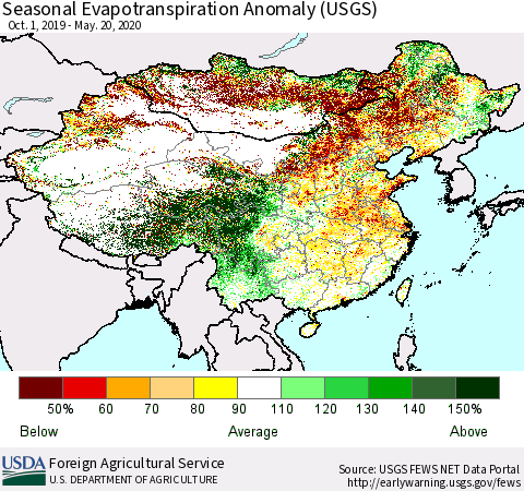 China and Taiwan Seasonal Evapotranspiration Anomaly (USGS) Thematic Map For 9/1/2019 - 5/20/2020