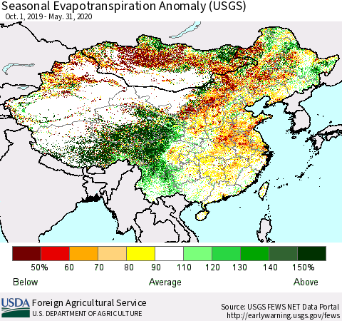 China and Taiwan Seasonal Evapotranspiration Anomaly (USGS) Thematic Map For 9/1/2019 - 5/31/2020