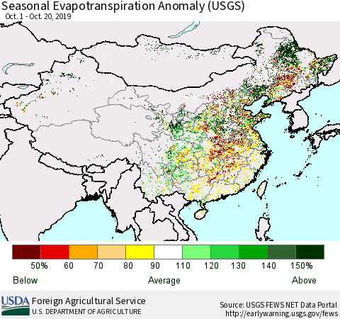 China and Taiwan Seasonal Evapotranspiration Anomaly (USGS) Thematic Map For 9/1/2019 - 10/20/2019