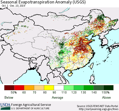 China and Taiwan Seasonal Evapotranspiration Anomaly (USGS) Thematic Map For 9/1/2019 - 12/10/2019