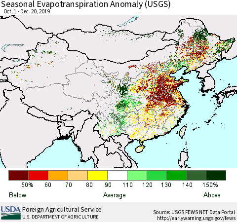 China and Taiwan Seasonal Evapotranspiration Anomaly (USGS) Thematic Map For 9/1/2019 - 12/20/2019
