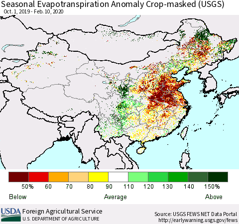 China and Taiwan Seasonal Actual Evapotranspiration Anomaly over Croplands (USGS) Thematic Map For 9/1/2019 - 2/10/2020