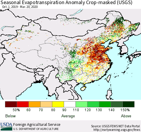 China and Taiwan Seasonal Actual Evapotranspiration Anomaly over Croplands (USGS) Thematic Map For 9/1/2019 - 3/20/2020