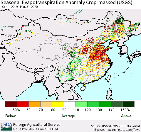 China and Taiwan Seasonal Actual Evapotranspiration Anomaly over Croplands (USGS) Thematic Map For 9/1/2019 - 3/31/2020