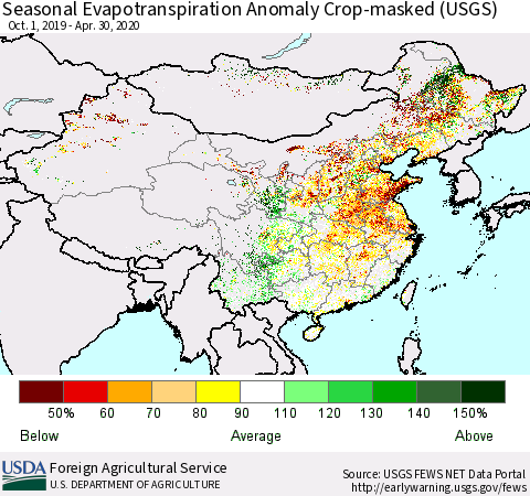 China and Taiwan Seasonal Actual Evapotranspiration Anomaly over Croplands (USGS) Thematic Map For 9/1/2019 - 4/30/2020