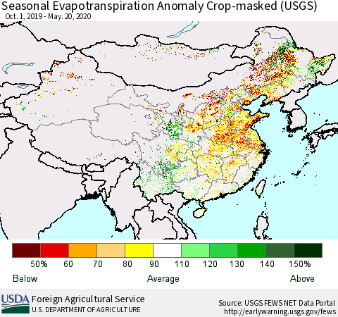 China and Taiwan Seasonal Actual Evapotranspiration Anomaly over Croplands (USGS) Thematic Map For 9/1/2019 - 5/20/2020