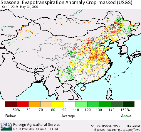 China and Taiwan Seasonal Actual Evapotranspiration Anomaly over Croplands (USGS) Thematic Map For 9/1/2019 - 5/31/2020