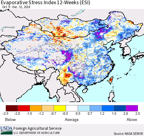 China, Mongolia and Taiwan Evaporative Stress Index (ESI), 12-Weeks Thematic Map For 12/31/2018 - 1/6/2019