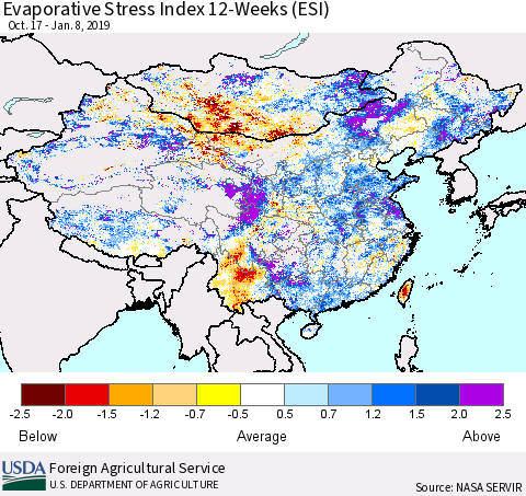 China and Taiwan Evaporative Stress Index (ESI), 12-Weeks Thematic Map For 1/7/2019 - 1/13/2019
