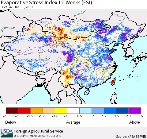 China and Taiwan Evaporative Stress Index (ESI), 12-Weeks Thematic Map For 1/14/2019 - 1/20/2019