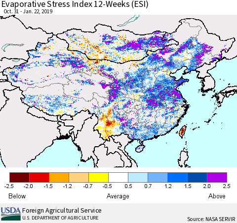 China and Taiwan Evaporative Stress Index (ESI), 12-Weeks Thematic Map For 1/21/2019 - 1/27/2019