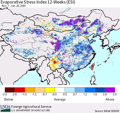 China, Mongolia and Taiwan Evaporative Stress Index (ESI), 12-Weeks Thematic Map For 1/28/2019 - 2/3/2019