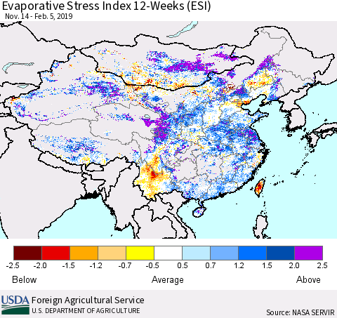 China and Taiwan Evaporative Stress Index (ESI), 12-Weeks Thematic Map For 2/4/2019 - 2/10/2019
