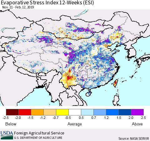 China and Taiwan Evaporative Stress Index (ESI), 12-Weeks Thematic Map For 2/11/2019 - 2/17/2019