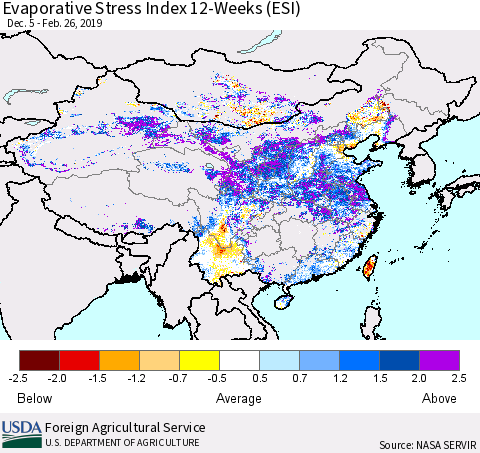 China and Taiwan Evaporative Stress Index 12-Weeks (ESI) Thematic Map For 2/25/2019 - 3/3/2019