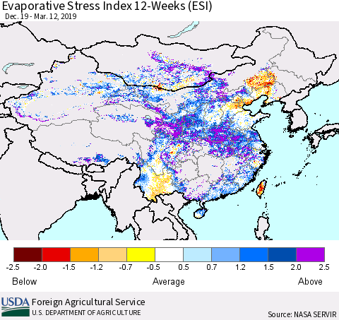 China and Taiwan Evaporative Stress Index 12-Weeks (ESI) Thematic Map For 3/11/2019 - 3/17/2019