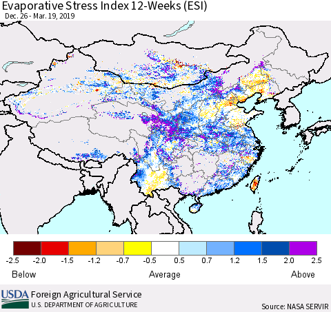China and Taiwan Evaporative Stress Index 12-Weeks (ESI) Thematic Map For 3/18/2019 - 3/24/2019