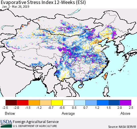 China and Taiwan Evaporative Stress Index 12-Weeks (ESI) Thematic Map For 3/25/2019 - 3/31/2019