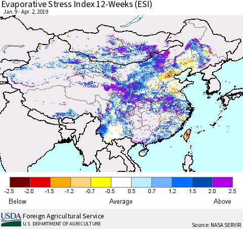 China, Mongolia and Taiwan Evaporative Stress Index (ESI), 12-Weeks Thematic Map For 4/1/2019 - 4/7/2019