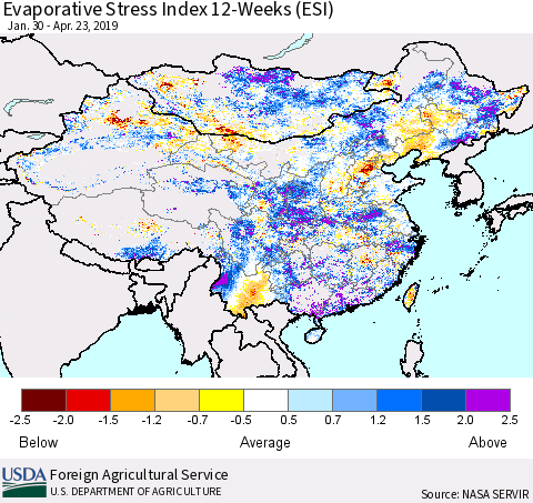 China and Taiwan Evaporative Stress Index (ESI), 12-Weeks Thematic Map For 4/22/2019 - 4/28/2019