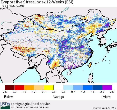 China and Taiwan Evaporative Stress Index 12-Weeks (ESI) Thematic Map For 4/29/2019 - 5/5/2019