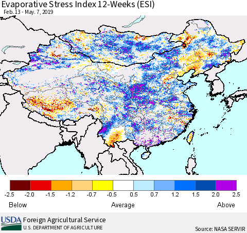 China and Taiwan Evaporative Stress Index 12-Weeks (ESI) Thematic Map For 5/6/2019 - 5/12/2019
