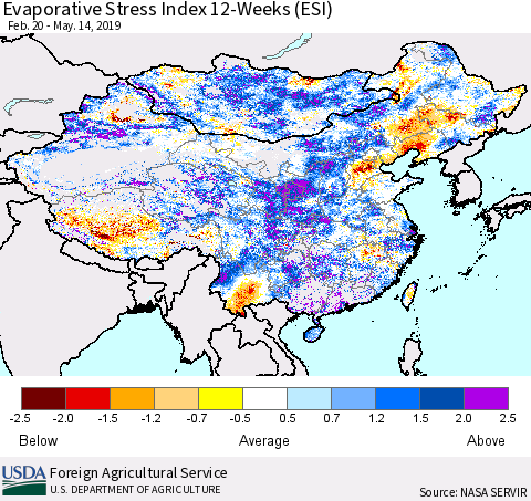 China and Taiwan Evaporative Stress Index 12-Weeks (ESI) Thematic Map For 5/13/2019 - 5/19/2019
