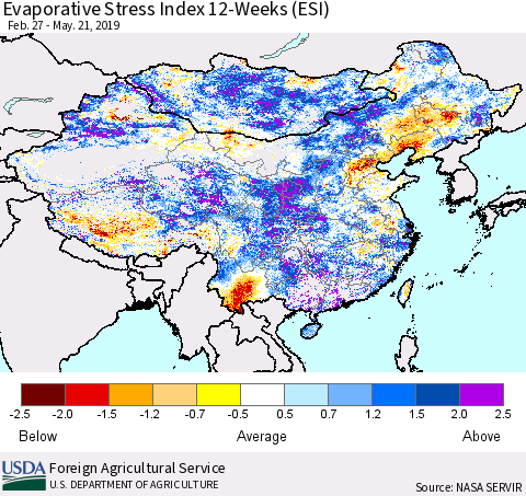 China and Taiwan Evaporative Stress Index 12-Weeks (ESI) Thematic Map For 5/20/2019 - 5/26/2019