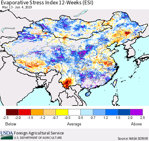 China and Taiwan Evaporative Stress Index (ESI), 12-Weeks Thematic Map For 6/3/2019 - 6/9/2019