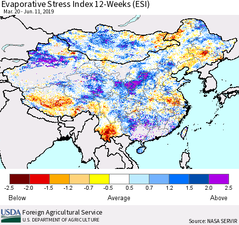 China and Taiwan Evaporative Stress Index (ESI), 12-Weeks Thematic Map For 6/10/2019 - 6/16/2019